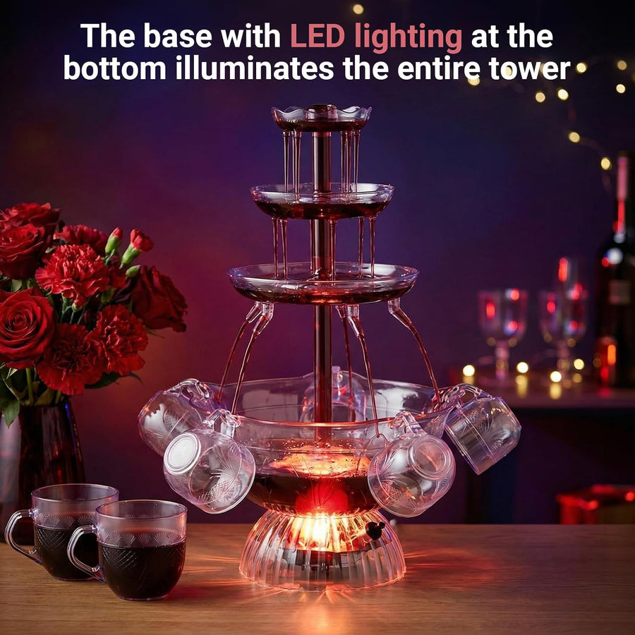 Fontaine de Fête 3 Niveaux avec LED et 5 Verres, pour Vin Rouge Jus Punch 4L Fontaine à Boissons Électrique, Réutilisables Fontaine à Vin Rouge pour Pubs, Fêtes à la Maison et Fêtes d'Anniversaire
