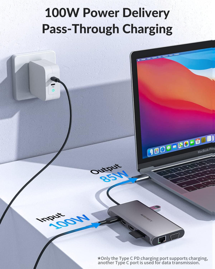 Hub USB C 12 en 1, MAVINEX Adaptateur USB C Multiport à Triple Affichage avec PD 100W, Double HDMI 4K et VGA 1080P, Ethernet RJ45, USB-C et 4 Ports de données USB-A, Lecture Carte SD/TF