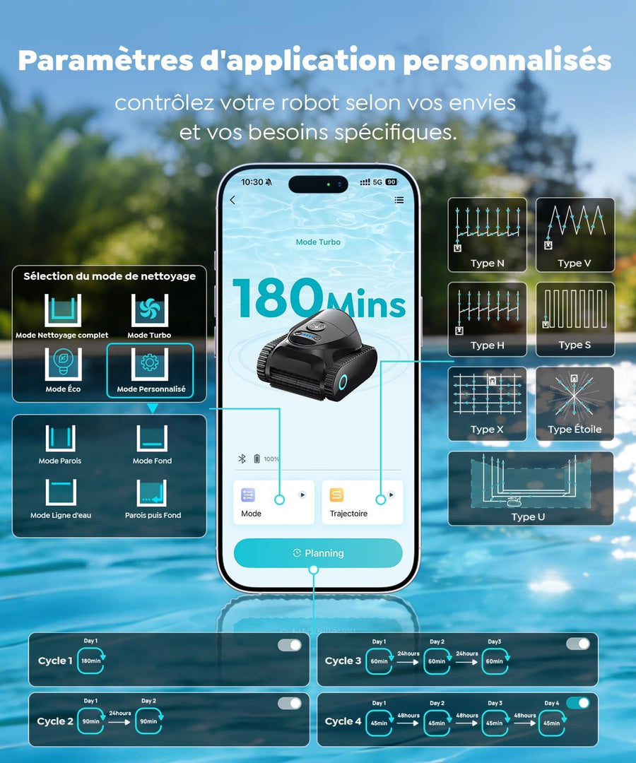 Robot de Piscine Fond et Parois, Ligne d'eau, Double Filtre, Robot Piscine sans Fil, 7 Modes de Nettoyage, 180 Min d'Autonomie, Puissant Aspirateur pour Piscines jusqu'à 150 m² VERT ou BLEU