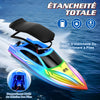 Bateau Télécommandé, 15km/h Bateau RC avec 7 Modes Lumières LED, 2.4GHZ Bateau Telecommandé Enfant pour Piscine et Lacs, Speedboat De Course RC autonomie 120 Minutes