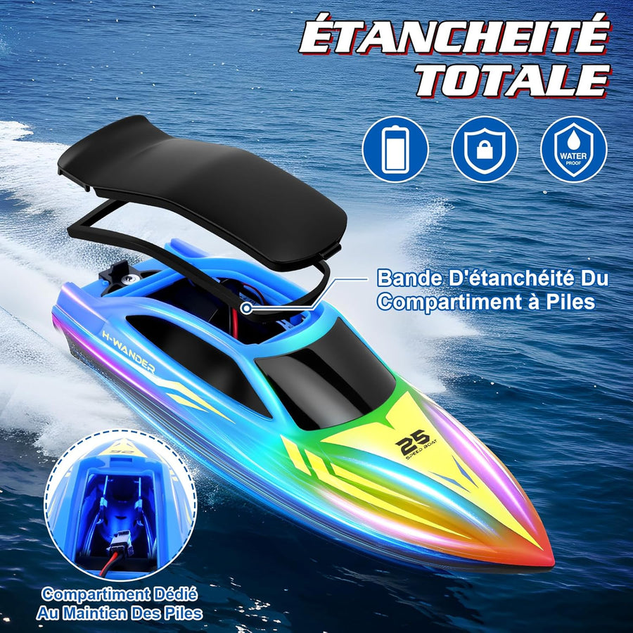 Bateau Télécommandé, 15km/h Bateau RC avec 7 Modes Lumières LED, 2.4GHZ Bateau Telecommandé Enfant pour Piscine et Lacs, Speedboat De Course RC autonomie 120 Minutes
