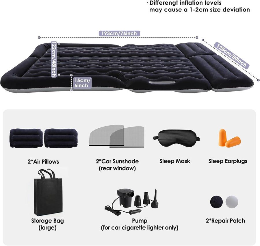 Matelas gonflable de voiture pour SUV et berline, lit de siège arrière gonflable à 4 zones avec 4 valves, matelas de camping de voiture avec masque pour les yeux, bouchons d'oreille
