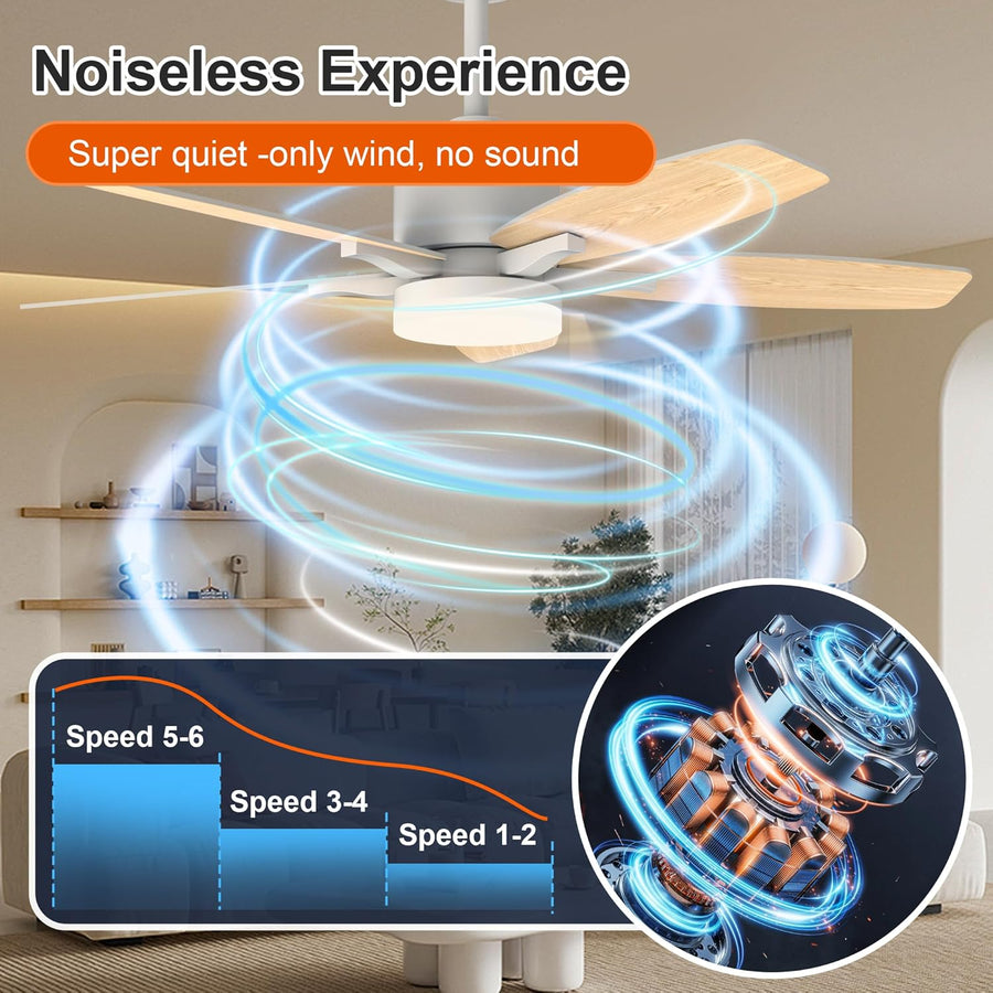 Ventilateur de Plafond avec Lumière et Telecommande, 106cm LED Lampe Ventilateur Plafond Dimmable Lampe Intégrée, 6 Vitesses, Silencieux Pales Effet Bois (Blanc+bois Clair)