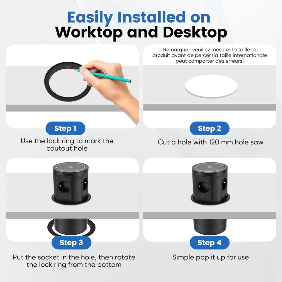 Bloc Prise Encastrable Automatique, Prise Encastrable Plan de Travail avec Chargeur Sans Fil 15 W, D 117 mm, Prise de Table Escamotable 3 Prises avec 1 USB C 1 USB A - Prise de Table Rétractable
