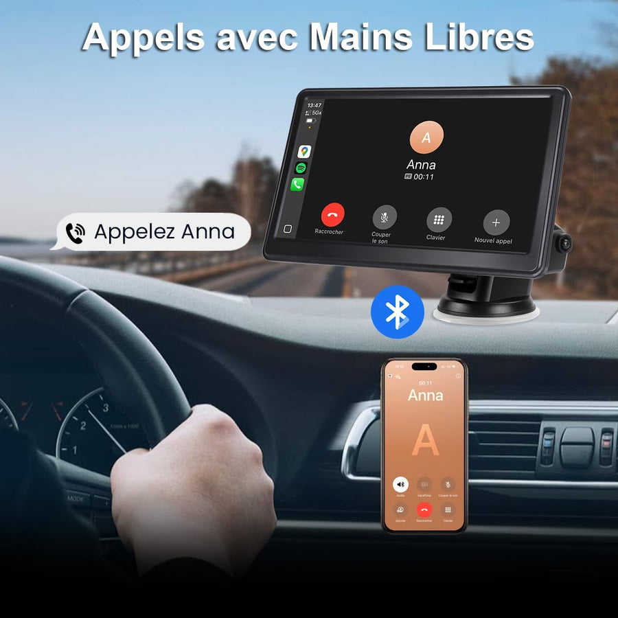 Écran Voiture 7 Pouces avec Caméra de Recul, CarPlay sans Fil Android Auto | Portable Autoradio de Voiture avec Commande Vocale, Navigation GPS, FM, MirrorLink, Bluetooth Appels avec Mains Libres, AUX