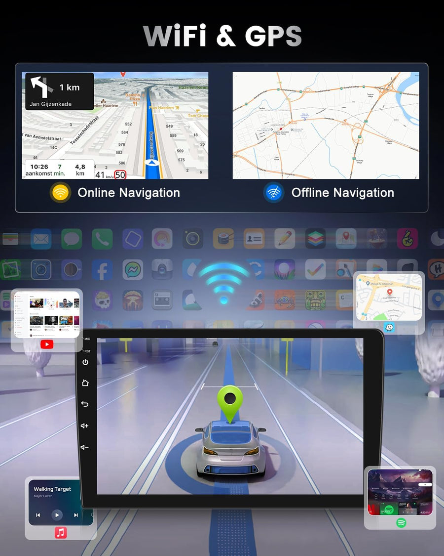 Autoradio 2+64 Go pour Peugeot 107 / Citroën C1 / Toyota Aygo (2004-2014). Compatible CarPlay, Android Auto, vidéo en ligne, navigation GPS et commandes au volant. 40 thèmes d'interface