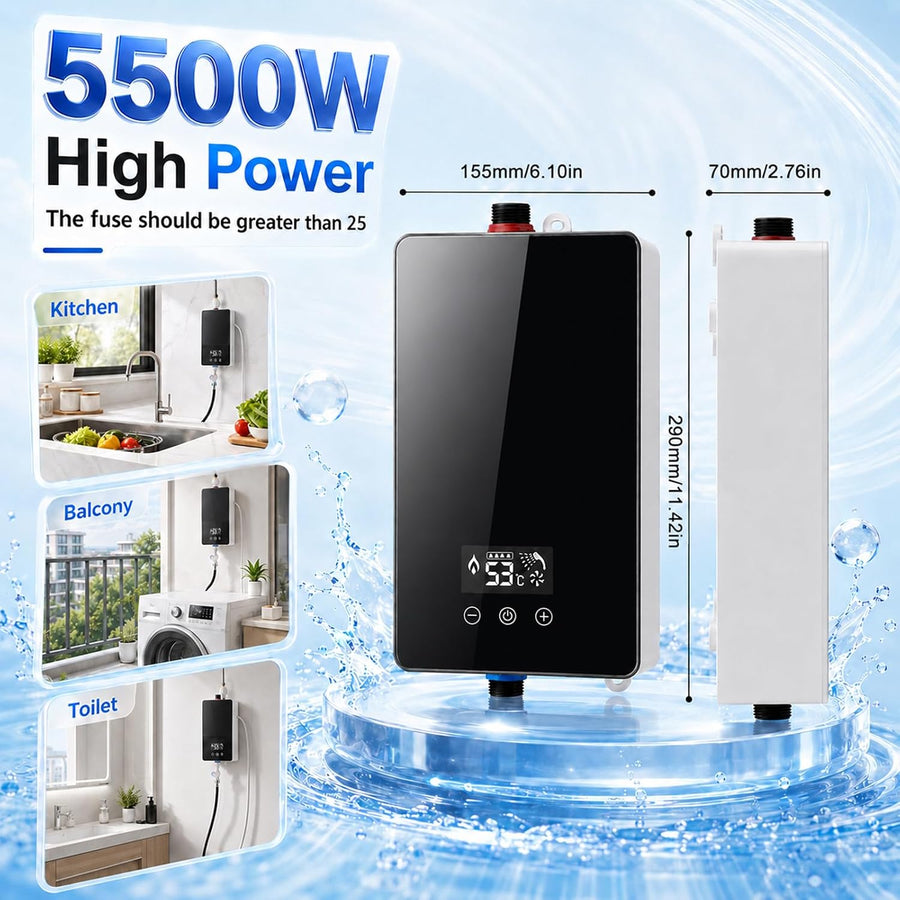 Chauffe-eau instantané 230V 5500W, pour douche et cuisine, avec kit douche complet, affichage LED et régulation électronique, Pour douche, cuisine et salle de bain