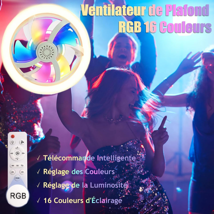 Ventilateur de Plafond avec Lumière et Telecommande, RGB 16 Couleurs Lampe Ventilateurs Plafond avec Douille E27, 28CM Petit Silencieux Plafonnier Ventilateur LED pour Chambre, 3 Vitesses