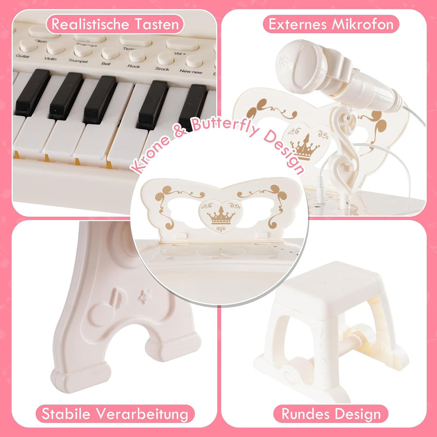 Jouet Piano Enfant, Piano Numérique 37 Touches pour Enfants avec Tabouret & Microphone, Piano Electronique Portable avec Microphone