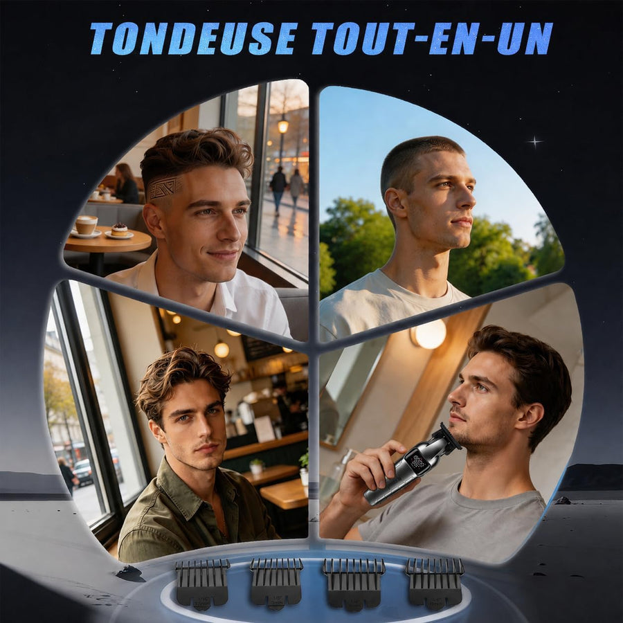 Tondeuse à Cheveux Professionnelle Homme Tondeuse à Barbe Lame DLC Douce, Sans Fil & Écran LED, Moteur 8000tr/min, 4 Sabots