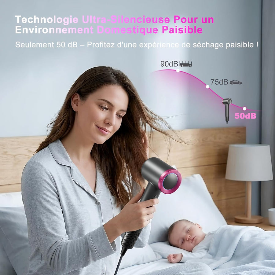 Sèche-Cheveux Ionique 1350W Moteur Sans Balais Haute Vitesse 110 000 tr/min, 2 Vitesses et 4 Températures, Seche Cheveux Professionale avec Embout Magnétique, 50dB pour Voyage et Maison