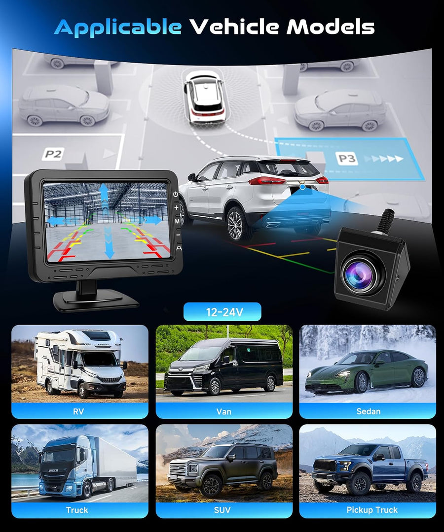 Kit Caméra de Recul HD 4.3 Pouces avec Caméra Rotative, Camera de Recul avec Étanchéité IP68 Vision Nocturne Super Grand Angle Ligne de Recul, Câble de 8M, 12-24V pour Berlines SUV