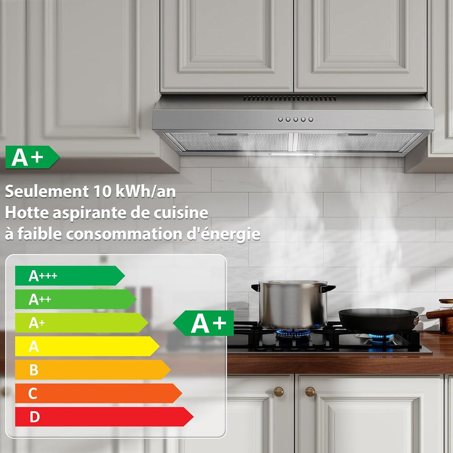 Hotte Aspirante 60 cm Encastrable, 250 m³/h Hotte de Cuisine Slim, 3 Vitesses, Classe A+, LED, Inox 430, Recyclage & Évacuation