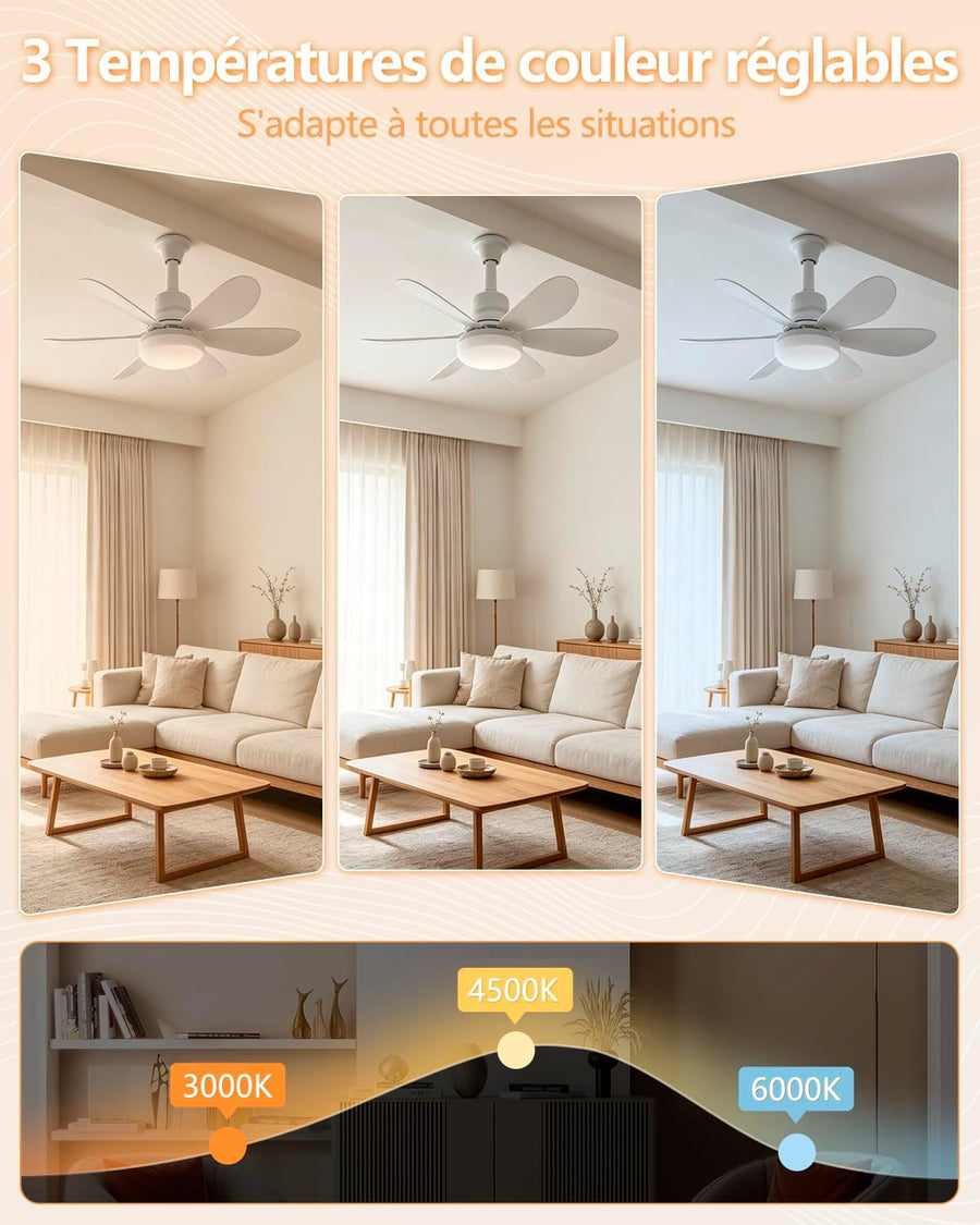 Ventilateur de Plafond avec Lumière, 52CM 40W Petit Ventilateur, avec 2 Jeux de Pales, Douille E27, Silencieux, 3 Vitesses, Telecommande, Zeitgesteuert, Dimmable LED pour Salon Chambre