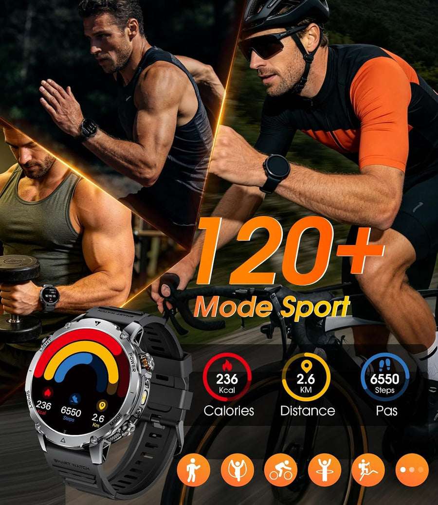 Montre Connectée Homme, Batterie 1400mAh, Écran HD 1,7 Pouce, Lampe LED, 110+ Modes Sport Montre Militaire Homme, Suivi Sommeil, IP68 Étanche, Smartwatch pour Android iOS, 2 Bracelets, Noir Gris