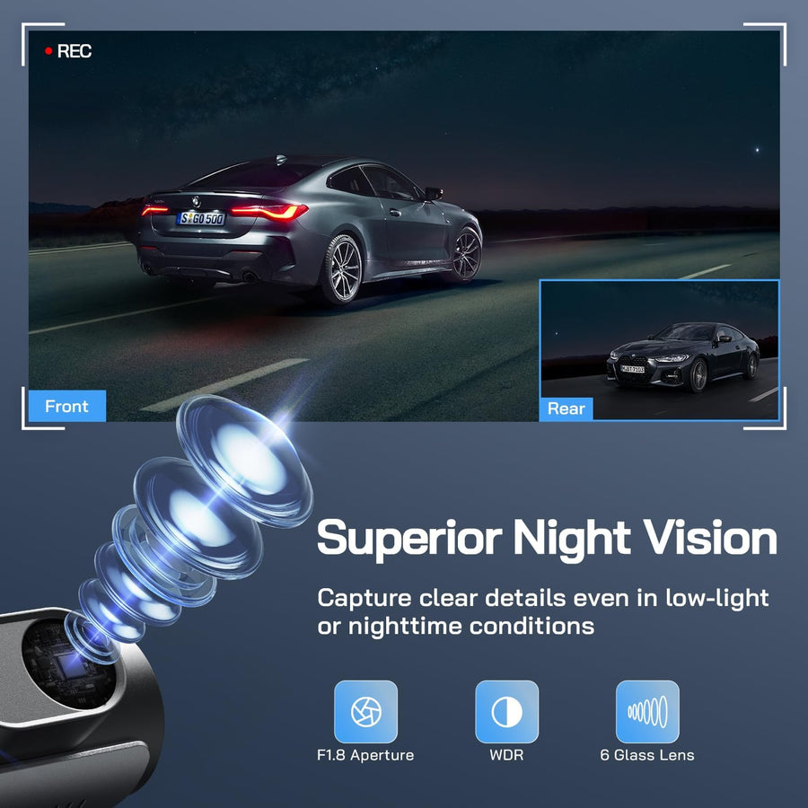 Dashcam 4K Voiture Avant Arrière, Wi-FI Caméra Voiture, Grand Angle 170° G-Capteur, Caméra Embarquée Voiture avec Mode Stationnement 24H, Vision Nocturne, Enregistrement en Boucle