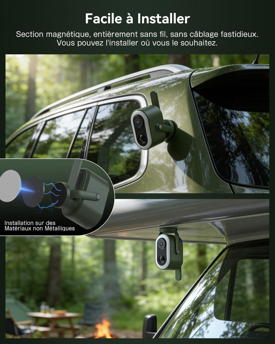 Caméra Surveillance 4G LTE Magnétique avec Carte SIM 2K HD 6,000mAh Batterie PIR Détection Humaine