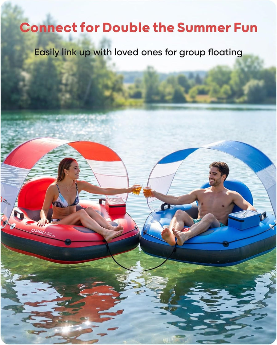 Tube de rivière gonflable de 116,8 cm avec auvent pare-soleil amovible, tube flottant robuste pour adultes, repose-jambes et dossier ergonomiques, sac imperméable et porte-gobelets BLEU