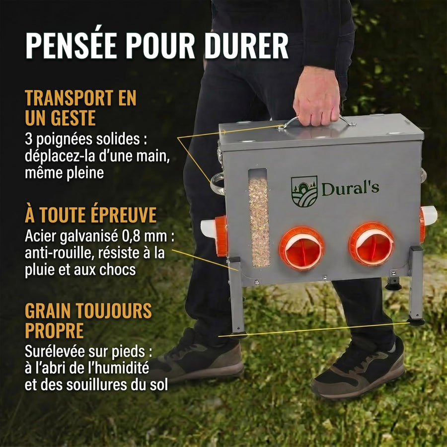 Mangeoire Poules Anti-Nuisible Grande Capacité 18 kg / 30 L – Distributeur de Graines Automatique Acier Galvanisé, 6 Ports & Fenêtre de Niveau – Mangeoire Poule Extérieur Poulailler