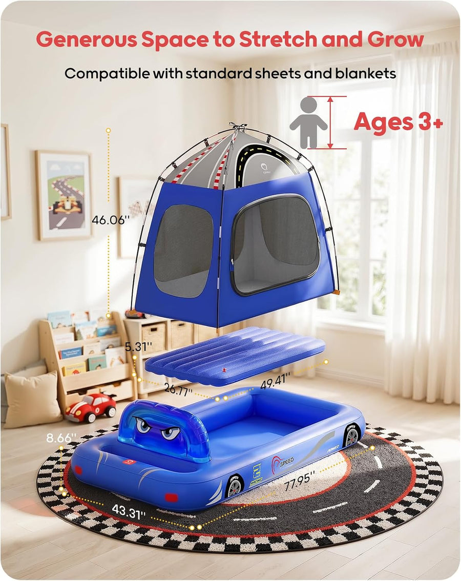 Matelas gonflable pour enfants, motif tente de voiture de course, à partir de 3 ans, BLEU