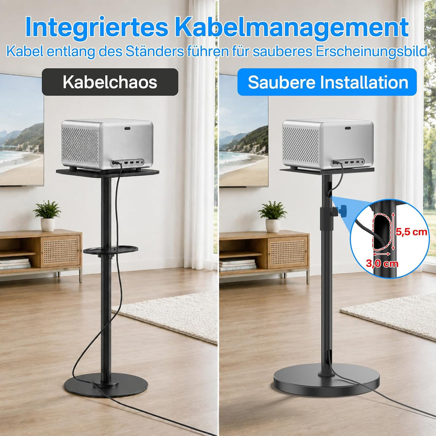 Support universel pour vidéoprojecteur, hauteur réglable sans outil 85-110 cm, gestion des câbles intégrée, métal robuste avec base renforcée, support de projecteur avec sangle de projecteur