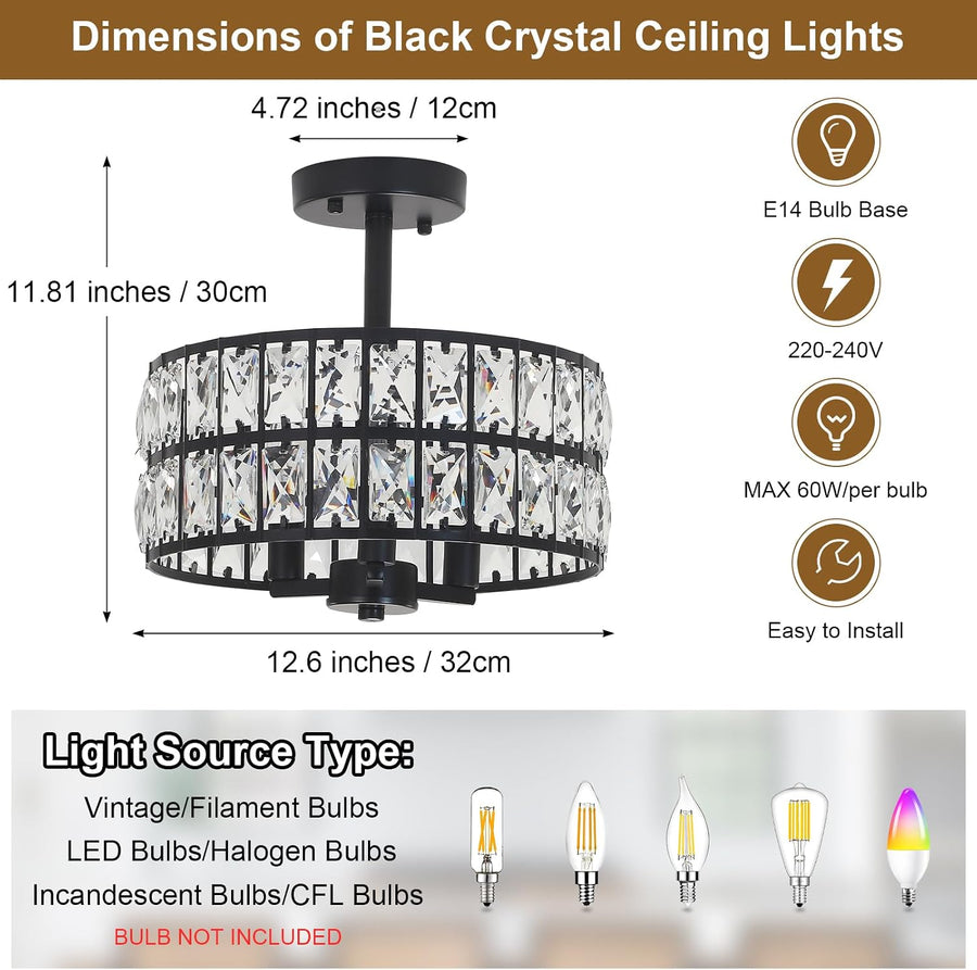 Plafonnier Cristal Noir Moderne Élégant pour Salon et Chambre