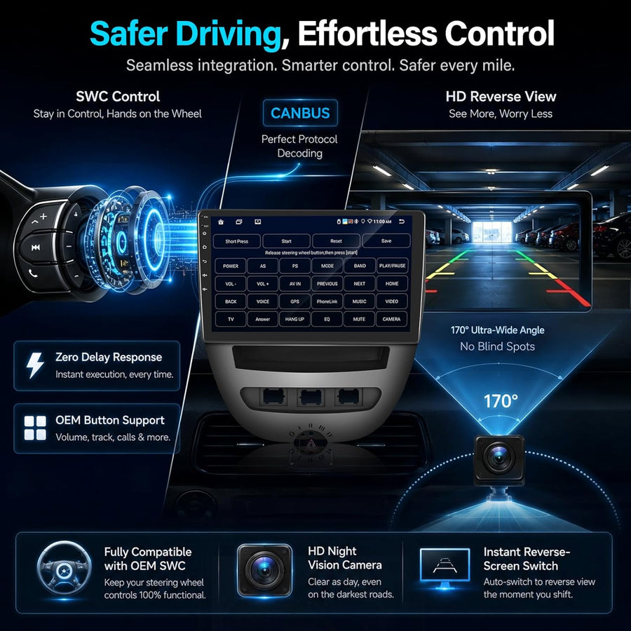 Autoradio pour Toyota Aygo/Peugeot 107/Citroen C1 Année 2005-2014, 2GB+64GB 10,1 Pouces Écran avec Kit Façade & Canbus, Supporte CarPlay Android Auto sans Fil, Caméra de Recul, SWC