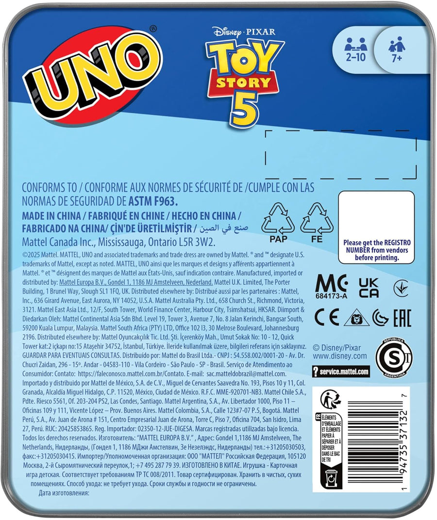 Mattel Games UNO Toy Story 5 de Disney · Pixar avec cartes inspirées des films pour les soirées jeu en famille, les fêtes entre amis, les voyages, Boîte de rangement, 2-10 joueurs 7+