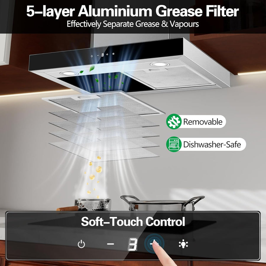 Hotte Aspirante 60cm, Class A+++ 450m³/h Hotte de Cuisine Silencieuse, Hotte Aspirante Evacuation ou Recyclage Inclus Filtres Charbon, 3 Vitesses - Fonction Boost, Commande Tactile, Inox