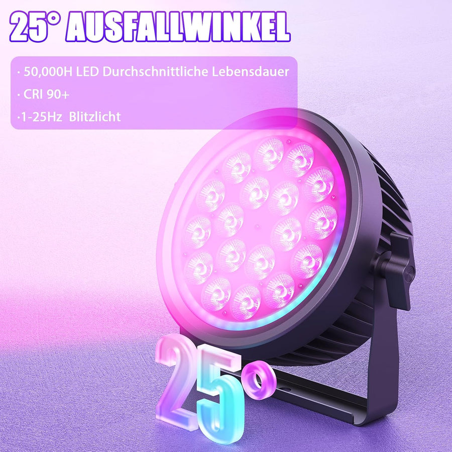 Projecteur LED DMX, 18x10W RGBW Silencieux Lumiere de Scene avec Anneau RGB, Jeux de Lumiere Eclairage avec Son Activé et Stroboscope, Lampe Disco pour Soiree
