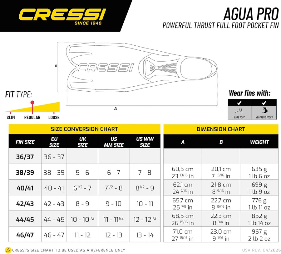 CRESSI Depuis 1946 - Agua Pro Fins - Palme Chaussante Idéales pour la Plongée Snorkeling Apnée Natation en Eau Libre grâce à Leur Construction Robuste et Fiable Taille 42/43