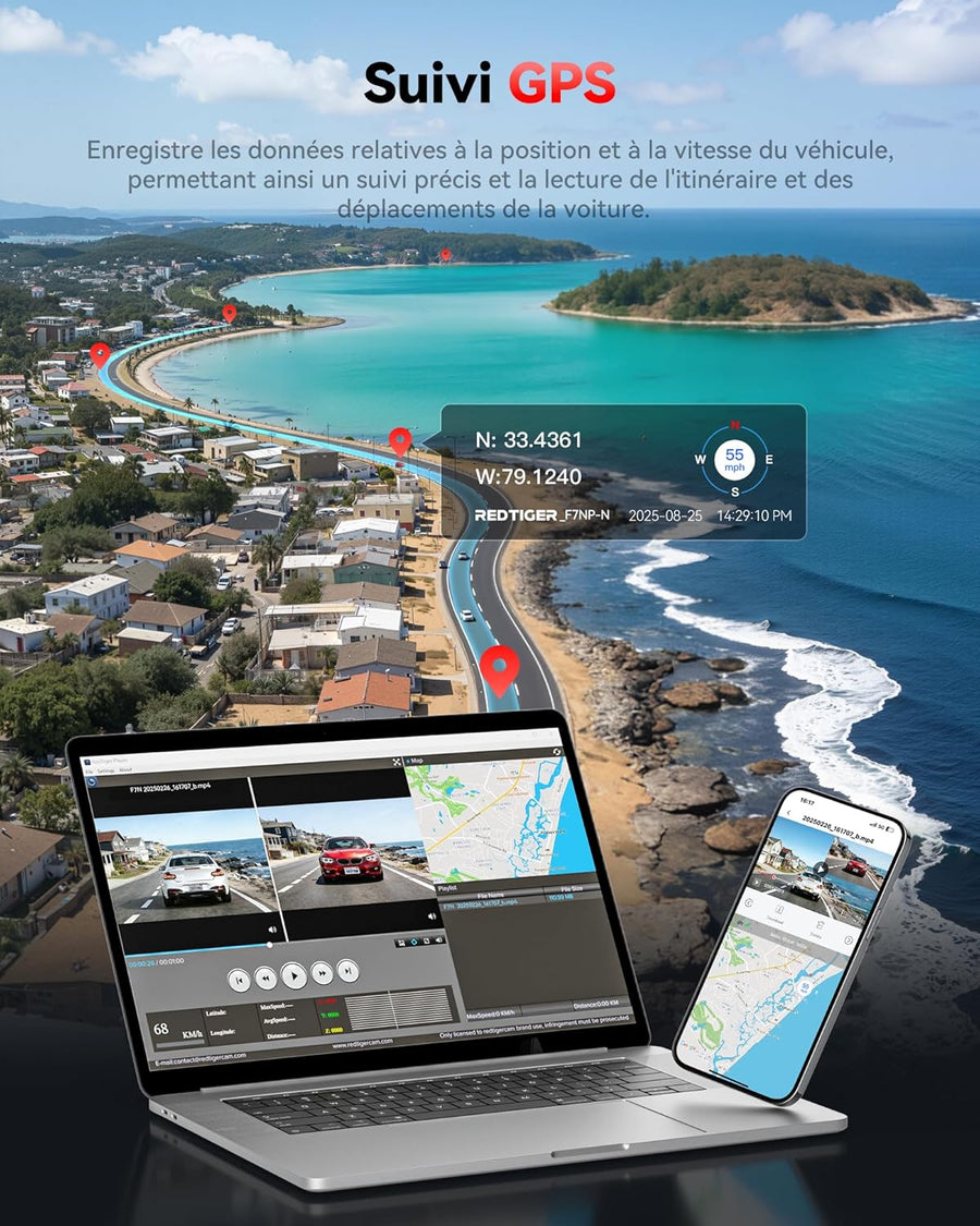 Caméra de tableau de bord de voiture avant et arrière 4K/2,5K avec STARVIS 2, écran IPS 3,18", WiFi 5,8 GHz, GPS, grand angle WDR 170°, sans carte SD, prend en charge 512 Go max (F7NP-N)