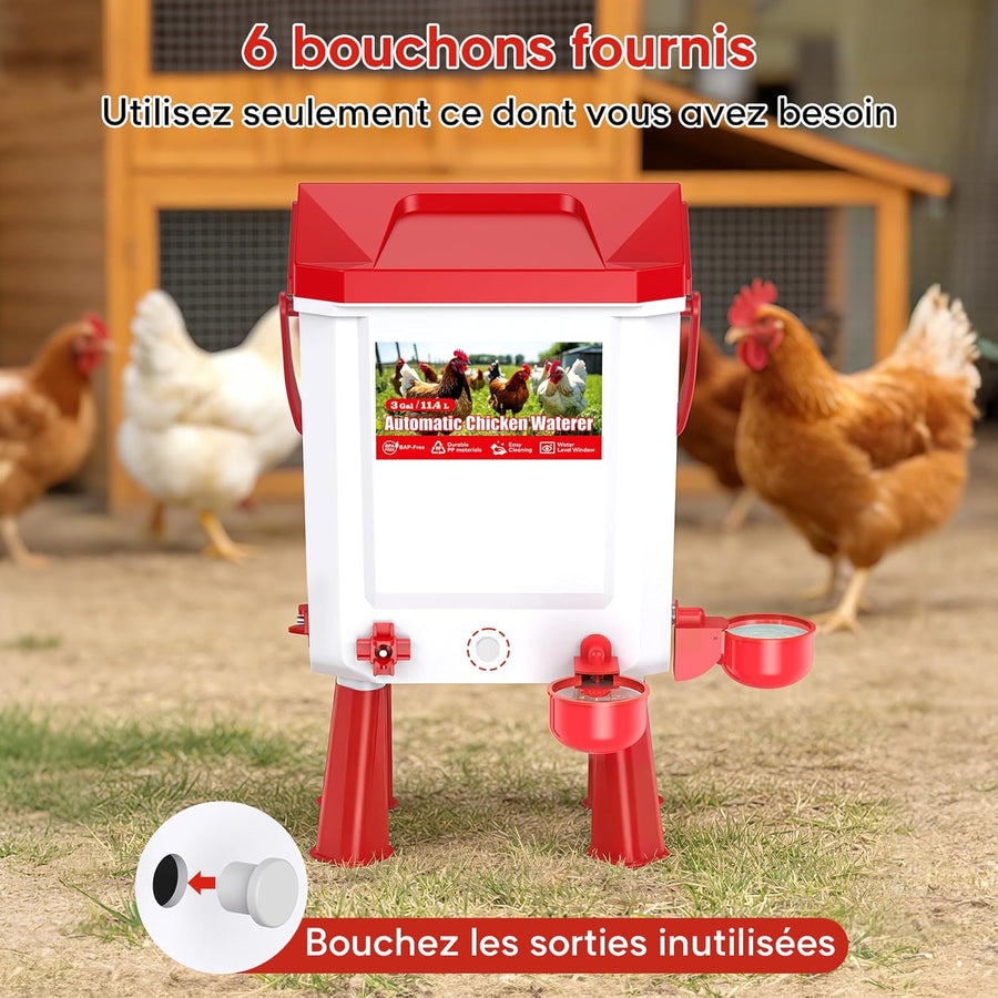 Abreuvoir Poules Automatique 10 litres avec Pieds, 8 Bols, Flotteur Filtré Contrôlé