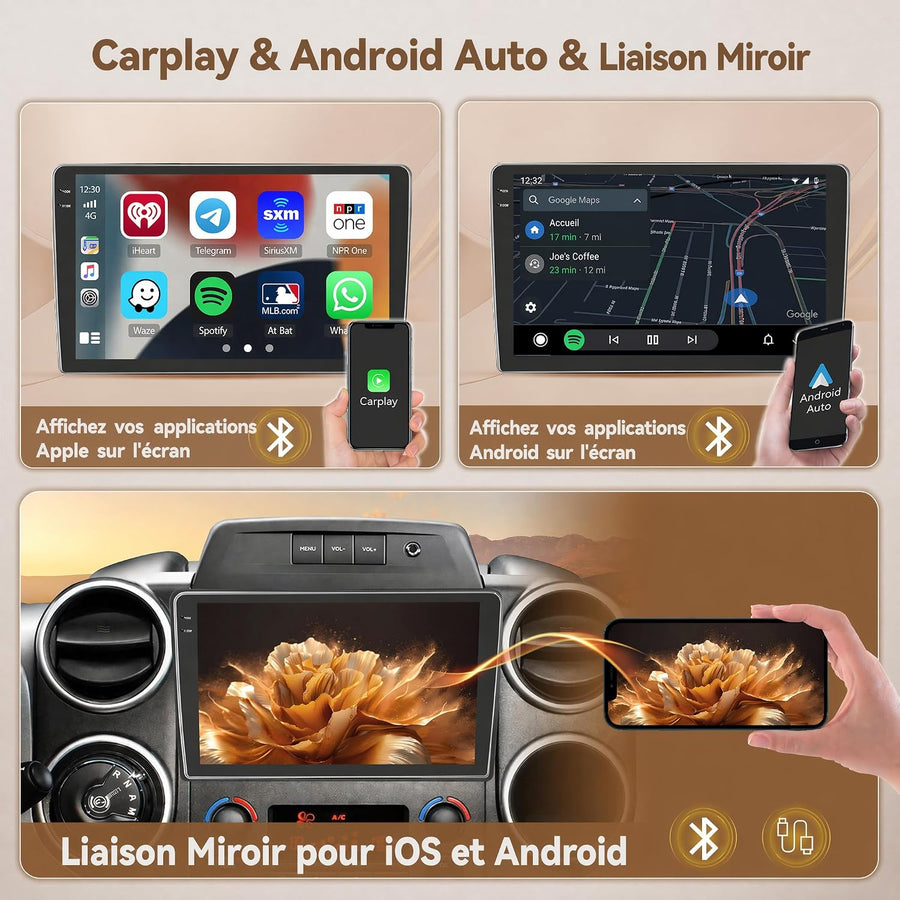 Autoradio 4+128GB Android 15 pour Citroen Berlingo 2008-2017/ Peugeot Partner 2008-2019, Écran Incell 9 Pouces HD, CarPlay sans Fil & Android Auto, GPS, Caméra de Recul et Micro Offerts