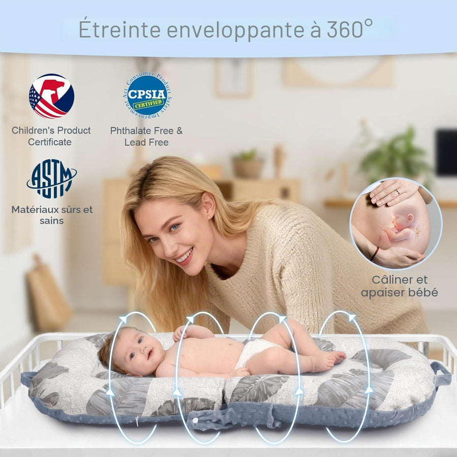 Nid bébé pour nouveau-né, 0 à 24 mois Chaise longue portable 3-en-1, coussin de ventre pliable et soutien assise bébé, housse amovible 100% coton et velours