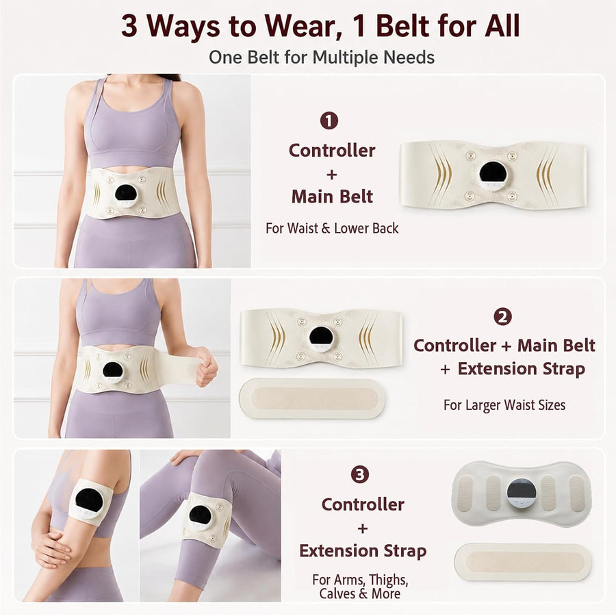 Ceinture EMS Chauffante sans Fil, Stimulateur Musculaire pour Taille et Abdomen, 3 Niveaux de Chaleur, 6 Modes EMS, Relaxation du Dos, Bras et Jambes, Ceinture Ajustable