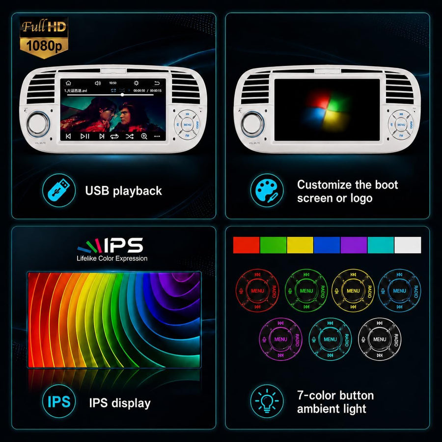 Autoradio pour Fiat 500 2013-2020,Linux,démarrage 2s,Écran Fiat 500 Compatible avec Le contrôle au Volant,CarPlay/Android Auto sans Fil,Radio RDS,DSP,4x45W,Bluetooth,Canbus,USB,1-DIN,Plug&Play-Beige