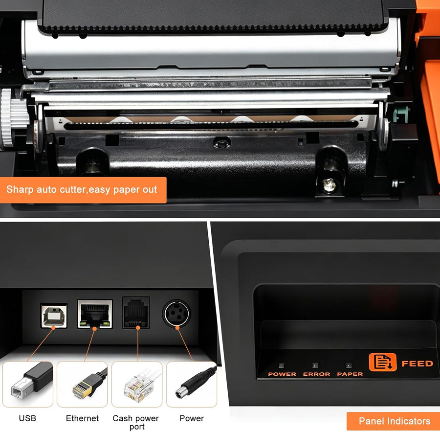 Imprimante de reçus 80 mm - Imprimante d'étiquettes d'expédition - USB & Bluetooth & LAN - 220 mm/s - Avec 5 rouleaux de papier - Pour restauration et vente au détail, prise en charge ESC/POS