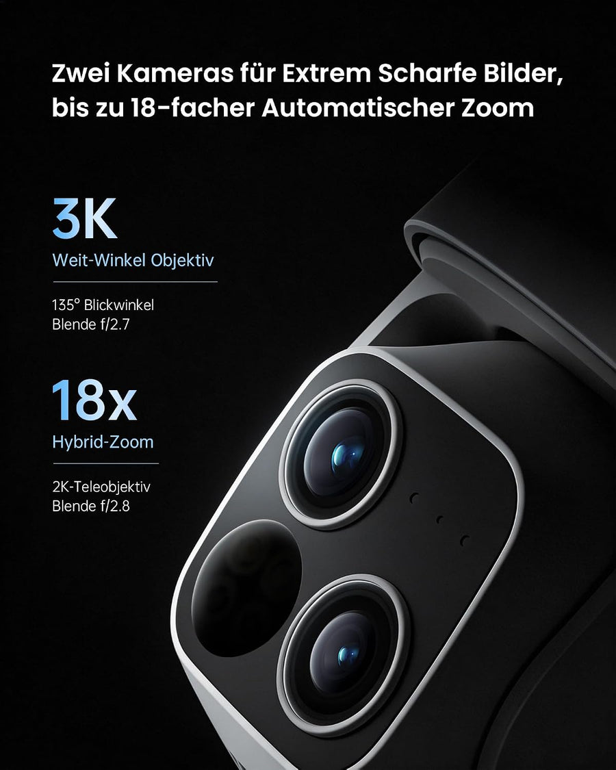 Camera 3K Surveillance WiFi Extérieure Solaire sans Fil, 18x Zoom, Double Objectif, Enregistrement Vidéo Continu, 360°PTZ, Suivi Automatique, Détection 30m, Vision Nocturne, IP65, 2.4GHz