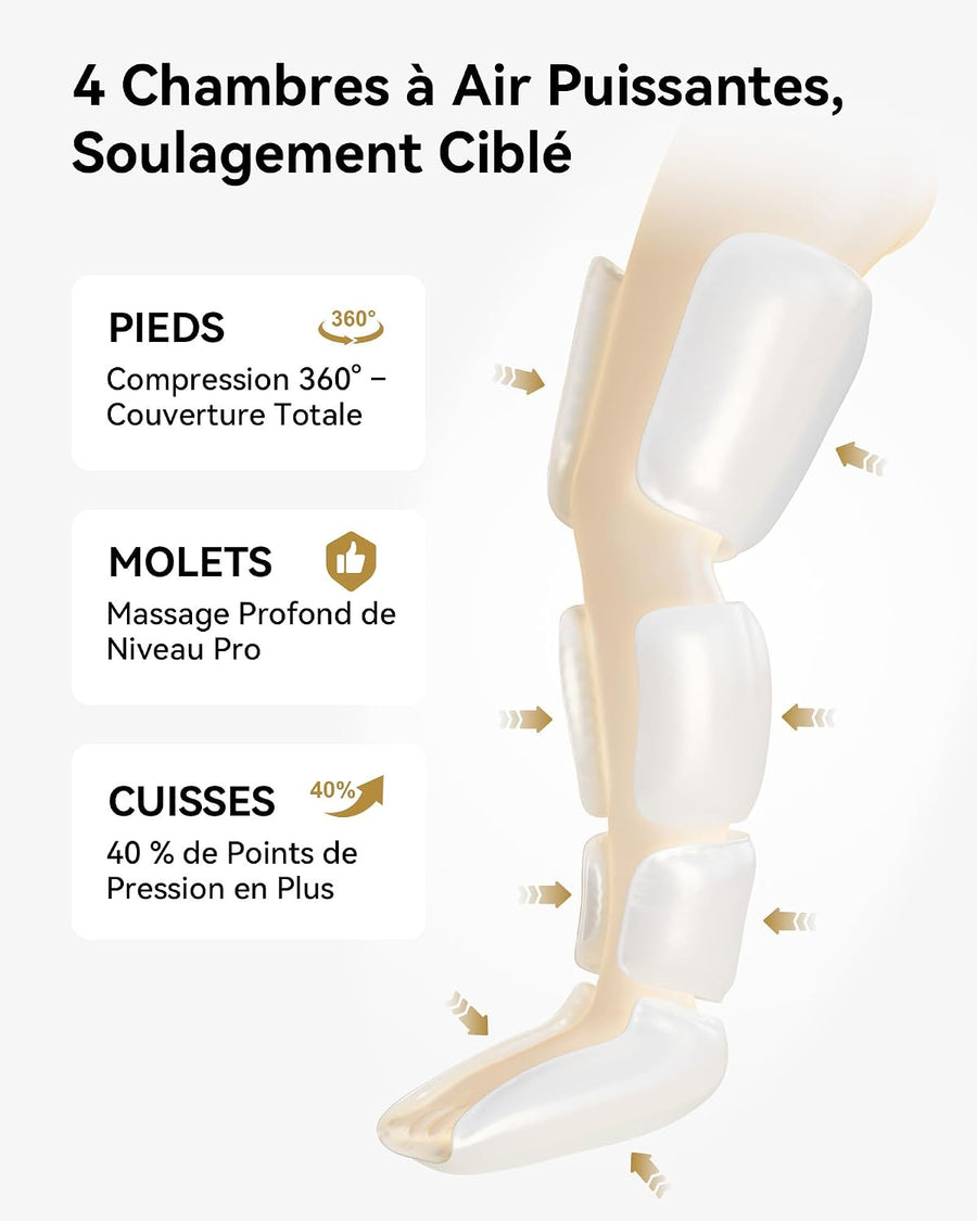 Masseur de jambes pour pieds, mollets, cuisses et chaleur 3 modes et 3 intensités pour soulager les tensions au quotidien et détendre les muscles des jambes