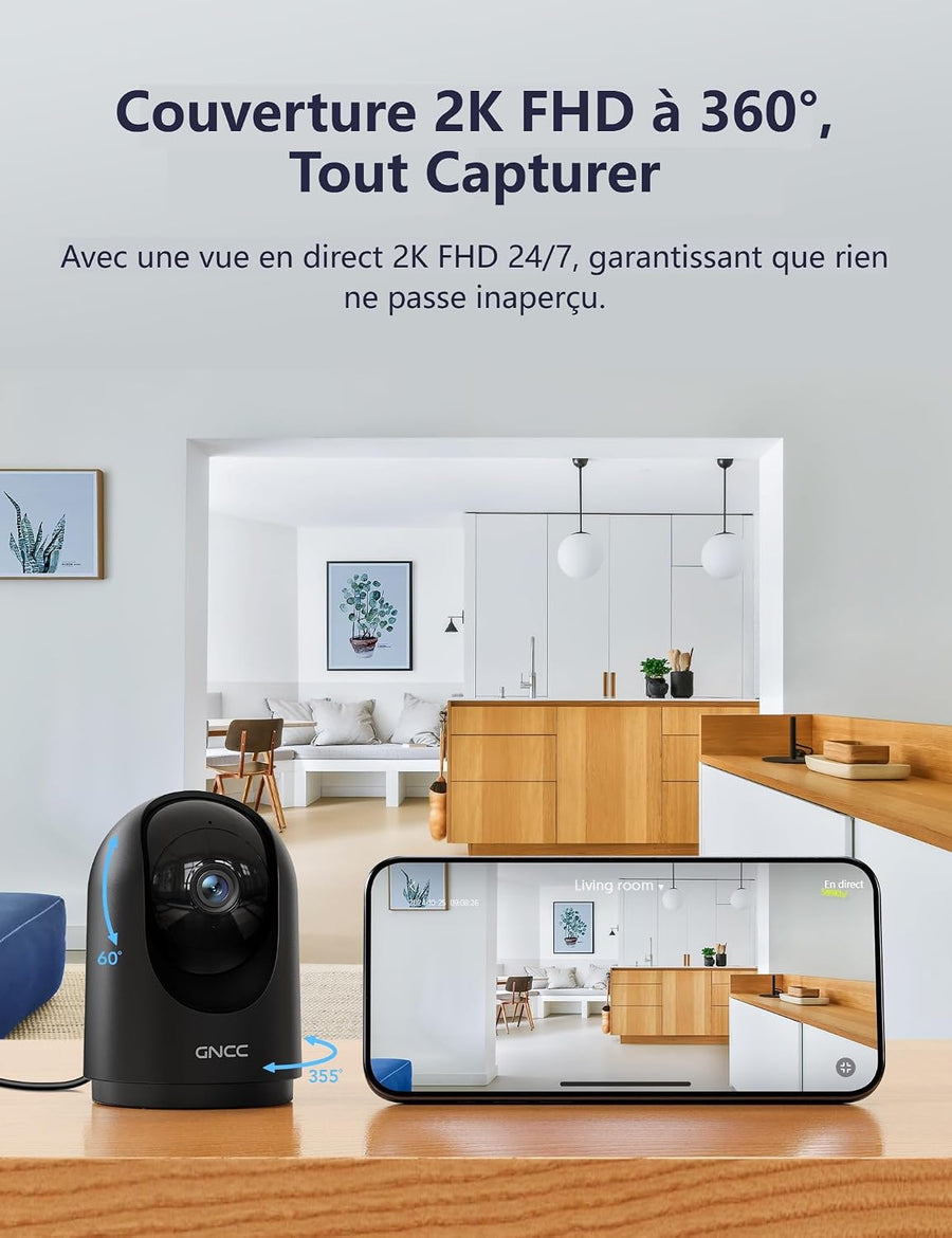Lot de x2 Caméra Surveillance WiFi Intérieure 2K 3MP Bébé/Animaux Noir 2.4/5GHz, Vision Nocturne Infrarouge, SD/Cloud, 360° PTZ, Audio Bidirectionnel, Détection de Mouvement, Alarme