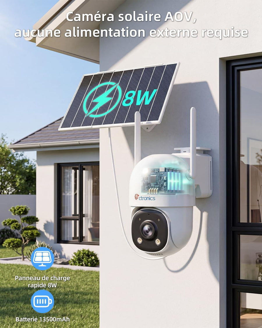 Caméra de Surveillance Suivi Auto 30m, 24/7 AOV Solaire 4G | 8W Panneau Solaire,13500mAh Batterie,Carte SIM incluse,Vision Nocturne ,Détection Humaine–tout sans WiFi,PTZ, IP66