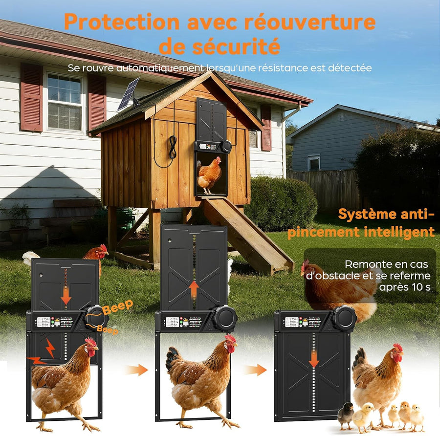 Grande Porte Automatique Poulailler Solaire, Porte Automatique Poulailler en Aluminium avec Minuterie, Télécommande, Fonction Anti-pincement, Écran LCD Étanche