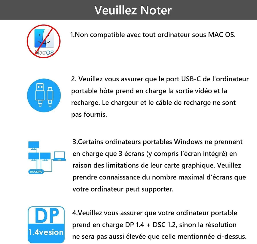 Station d'accueil USB C pour ordinateur portable, quatre moniteurs avec double HDMI, DP, VGA, PD 100 W, 3 ports USB 2.0 pour appareil sans fil, compatible avec Lenovo, HP, Dell, Windows System