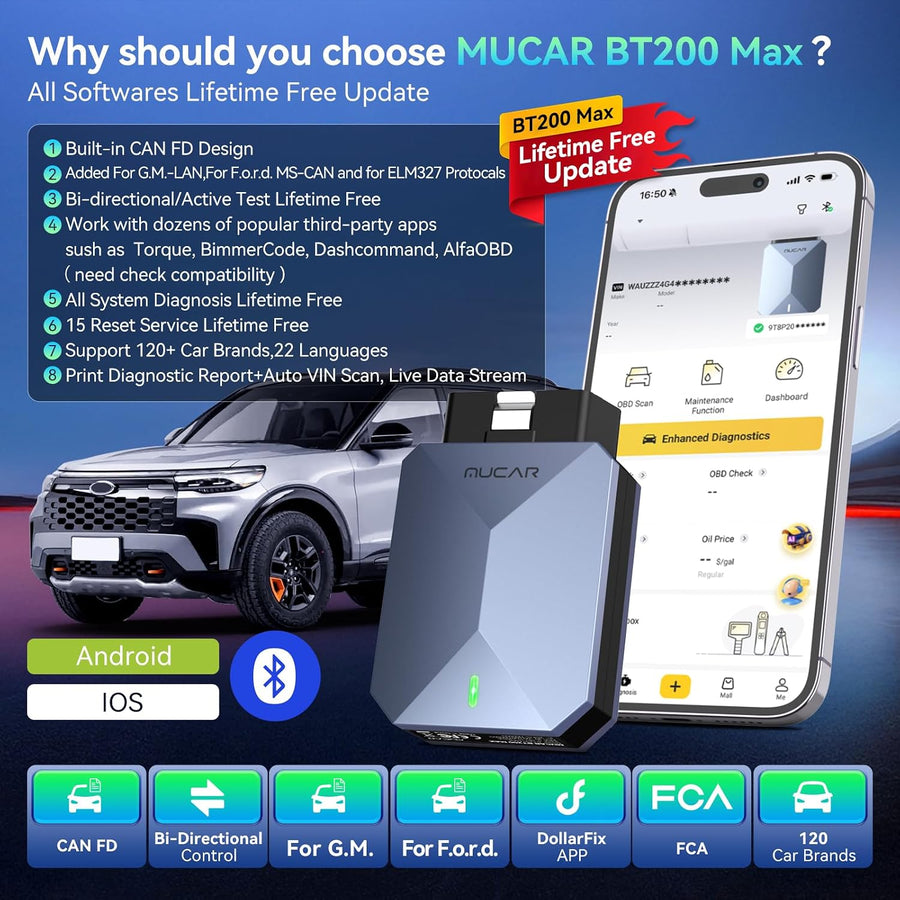 MUCAR BT200 Max AI Bluetooth, mises à Jour à Vie, Compatible ELM327, Outil de Diagnostic OBD2 Tous systèmes avec 15 réinitialisations pour iOS et Android, CANFD, authentification, FCA SGW