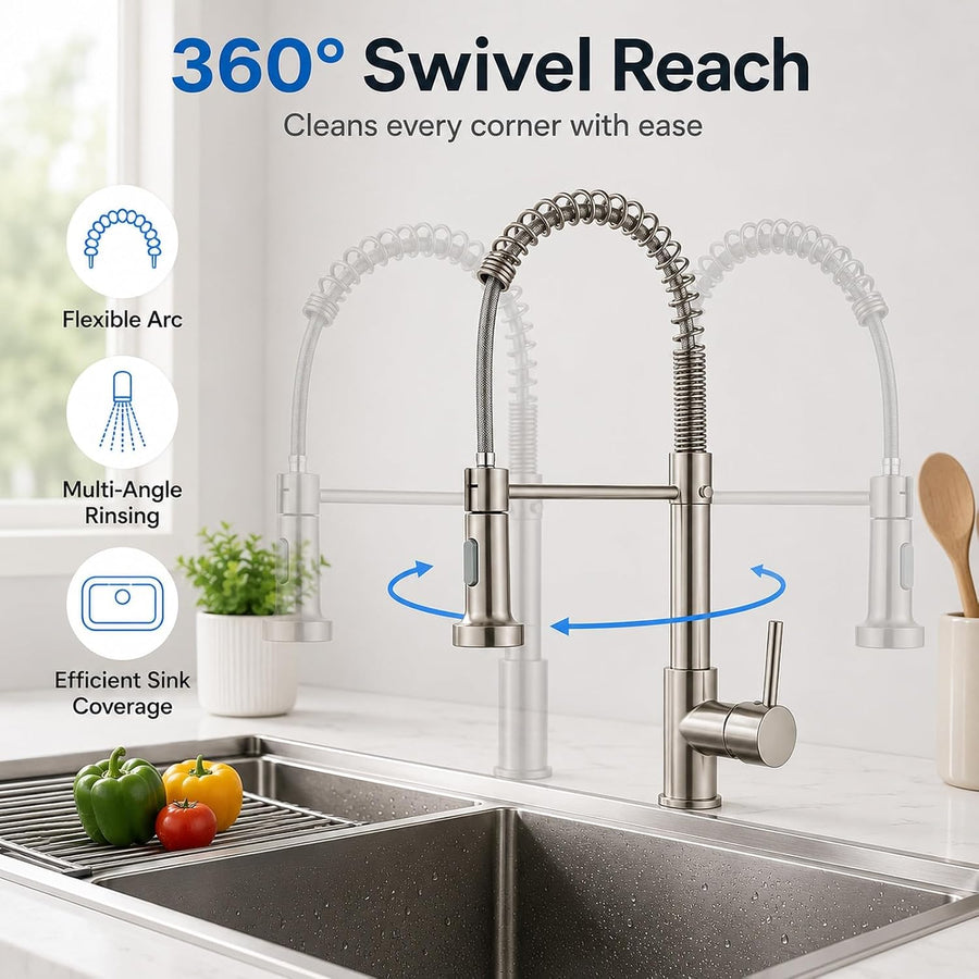 Robinet de cuisine extractible haute pression, mitigeur 360° avec douchette et tuyau à ressort, robinet d’évier en acier inoxydable pour évier et casseroles