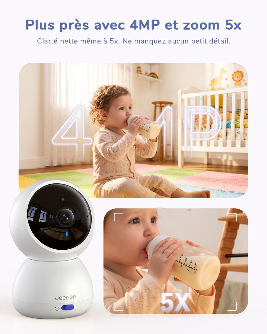 Écran Tactile 6.5" & Écran partagé, WiFi Babyphone Caméra, App, 360° Zoom à deux doigts & Zoom 5X, 4MP, HDR Vision Nocturne, Audio bidirectionnel, Détection des pleurs & température