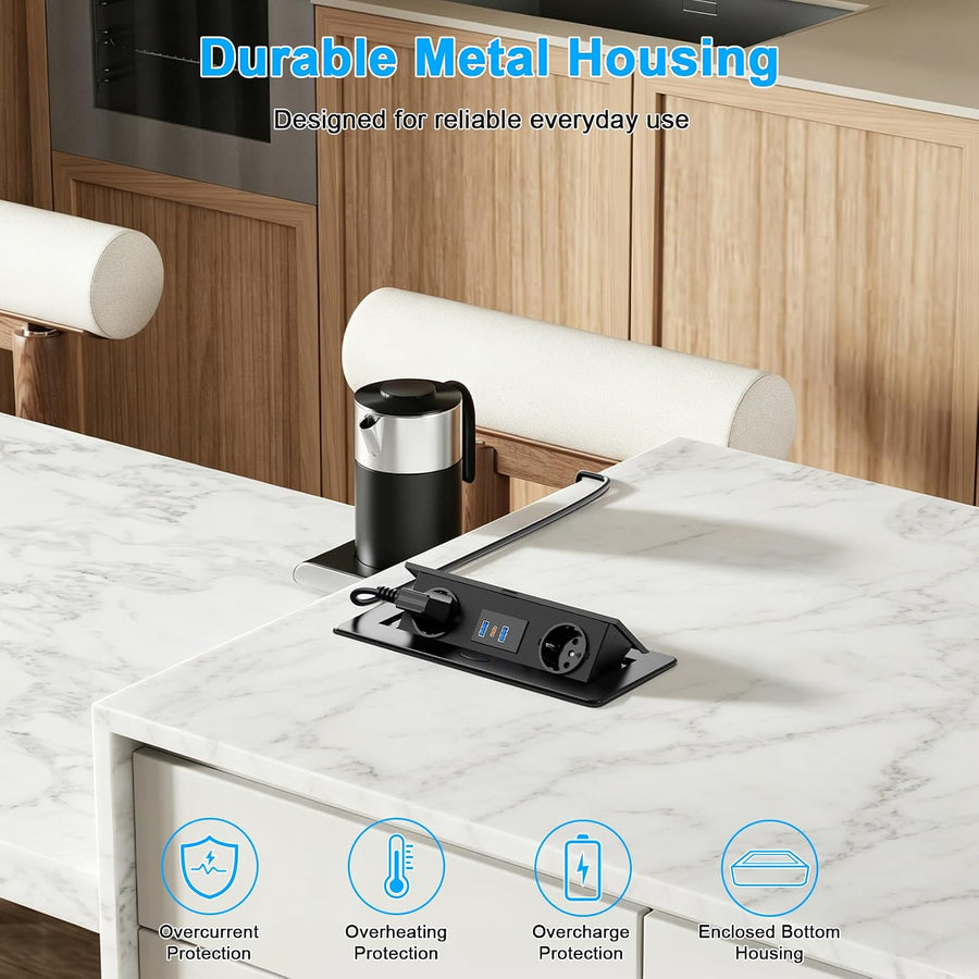 Prise Encastrable Plan de Travail, USB-C PD 20W, 2 Prises, Noir Multiprise Encastrable 2 prises, USB-C PD 20W, 2 USB-A 18W, boîtier métal, pour bureau, table de réunion et plan de travail
