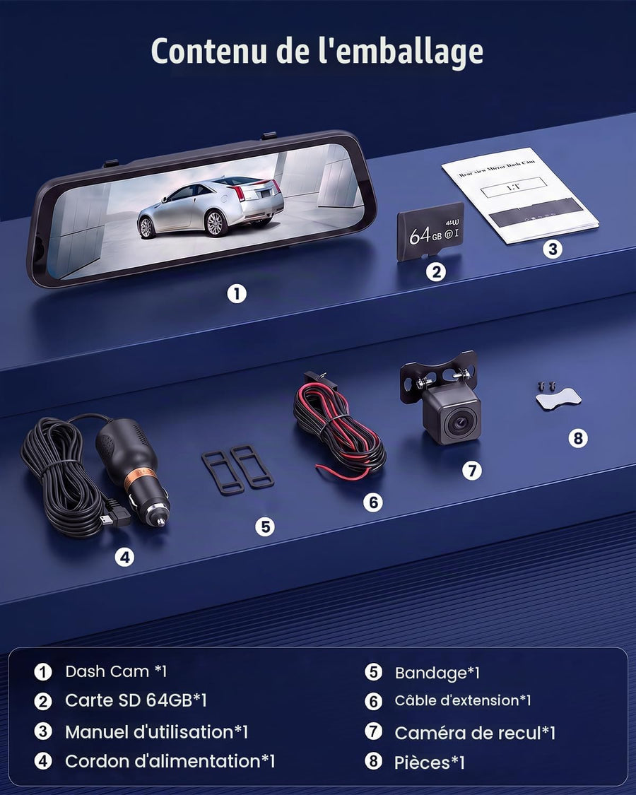 Dashcam Rétroviseur 1080P Avant et Arrière, Écran 9,7 Pouces Caméra Embarquée pour Enregistrer les Trajets, Renforcer la Visibilité et Faciliter les Manœuvres Quotidiennes en Voiture