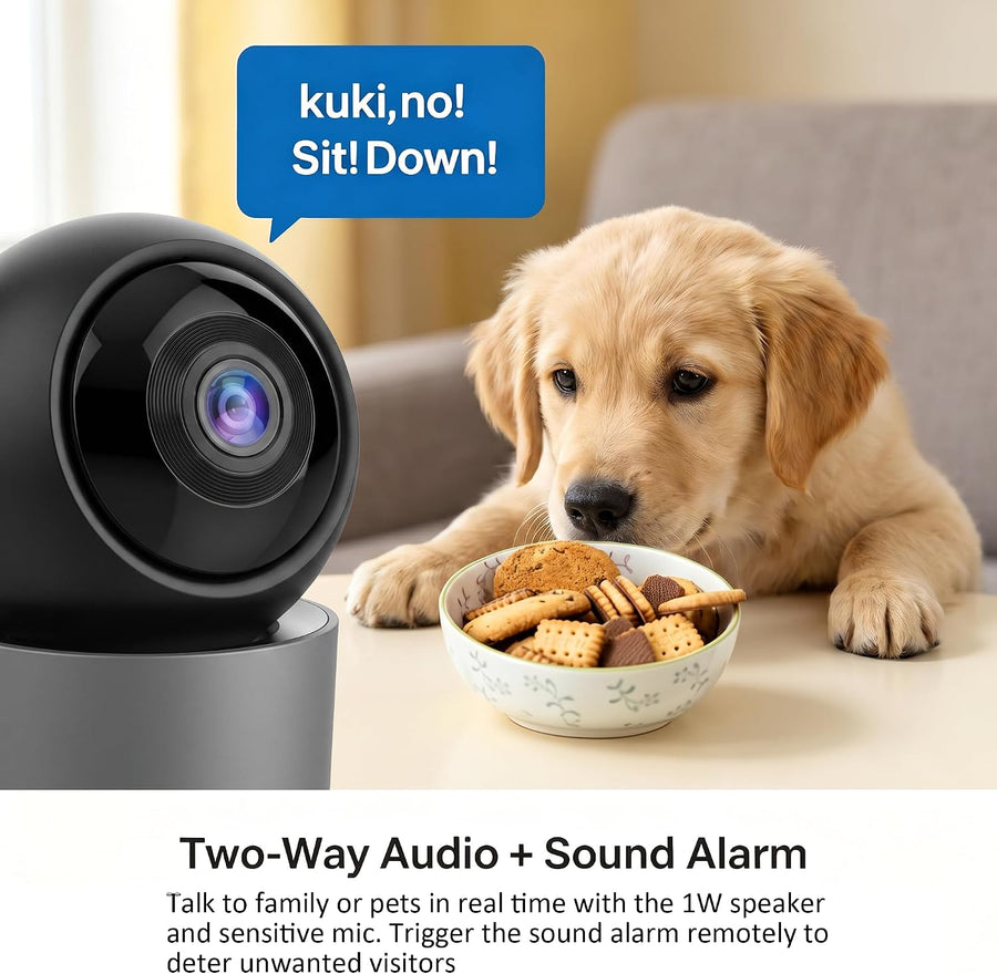 Caméra Sécurité Intérieur — Babyphone Animal Bébé 3MP 1296p Panoramique WiFi Double Bande 2.4/5GHz, 6 LEDs IR Vision Nocturne, Audio Bidirectionnel, Détection Mouvement Son, Stockage SD/Cloud